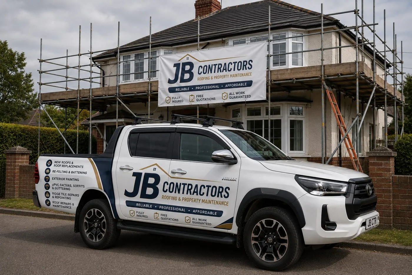 Sennen Roofing pickup truck on site at a scaffolded roofing job in Sennen