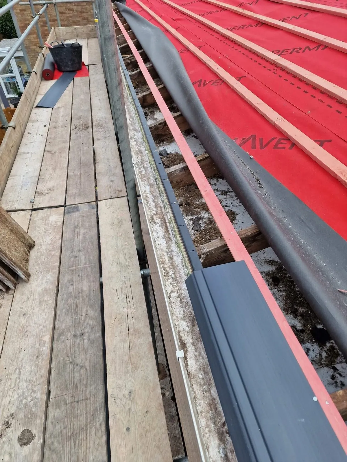 Breathable membrane and battens fitted during a re-roof in Sennen